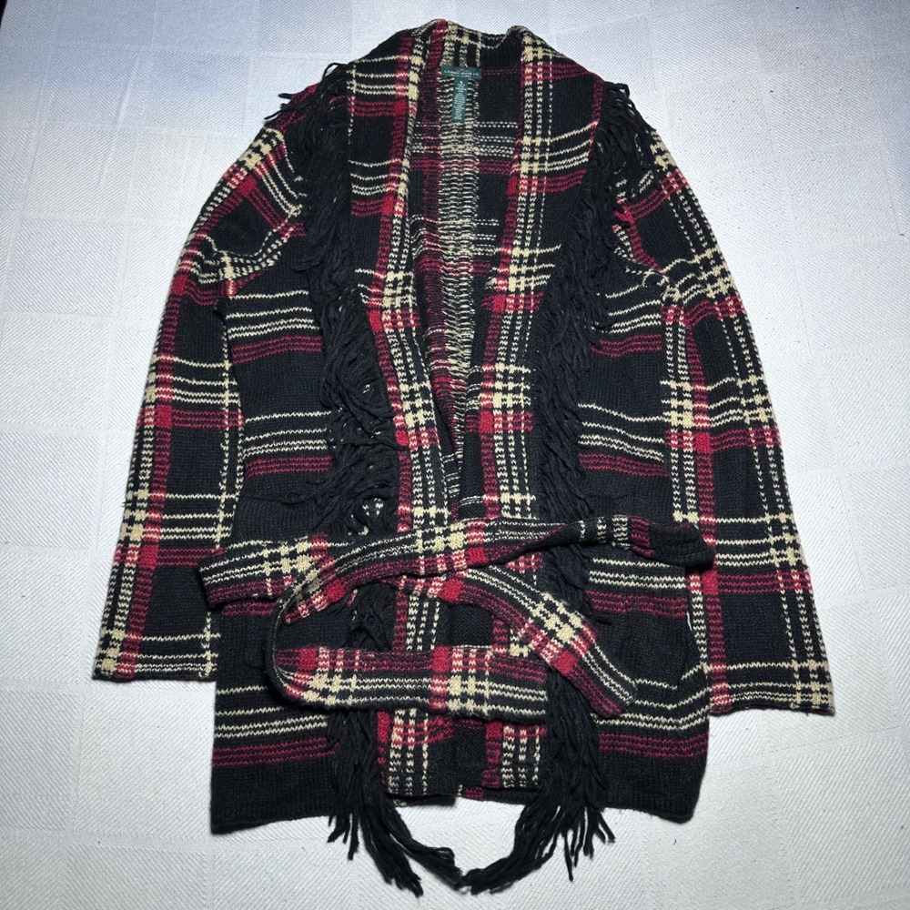 Lauren Ralph Lauren Cardigan Womens XL Fringe Plaid Belted Wool Angora Blend